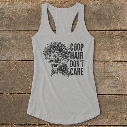 Grey racerback tank top with a stylized chicken graphic and text "COOP HAIR DON'T CARE".