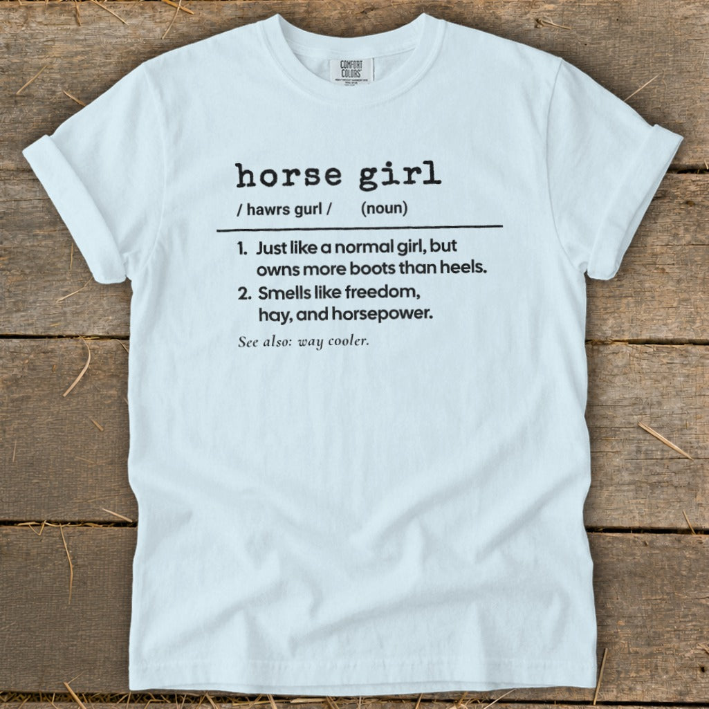 White t-shirt with "horse girl" dictionary definition graphic.