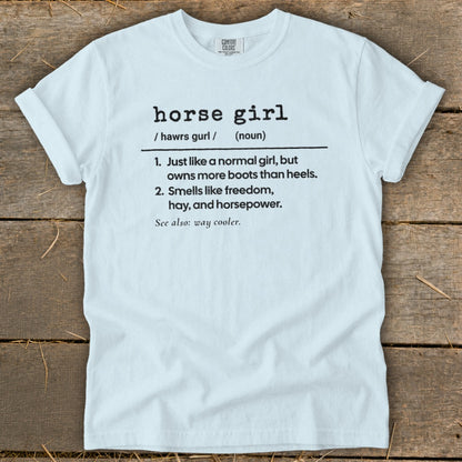 White t-shirt with "horse girl" dictionary definition graphic.