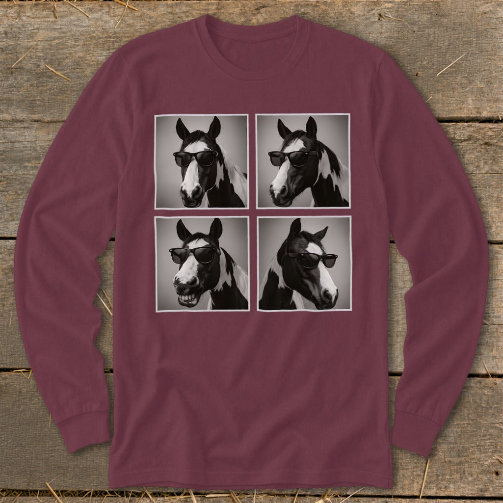 Four black and white portraits of a horse wearing sunglasses, arranged in two rows.