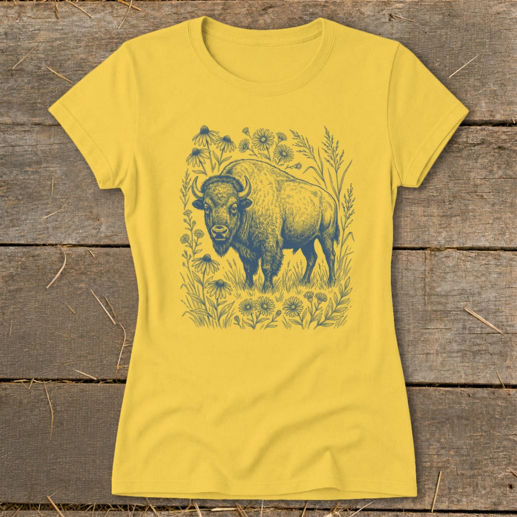 Yellow t-shirt with a dark blue graphic of a bison standing in wildflowers and grass.