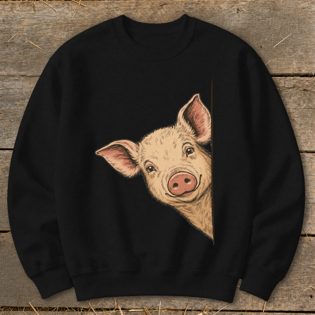 Black crewneck sweatshirt with a drawing of a curious pig peeking from the side.
