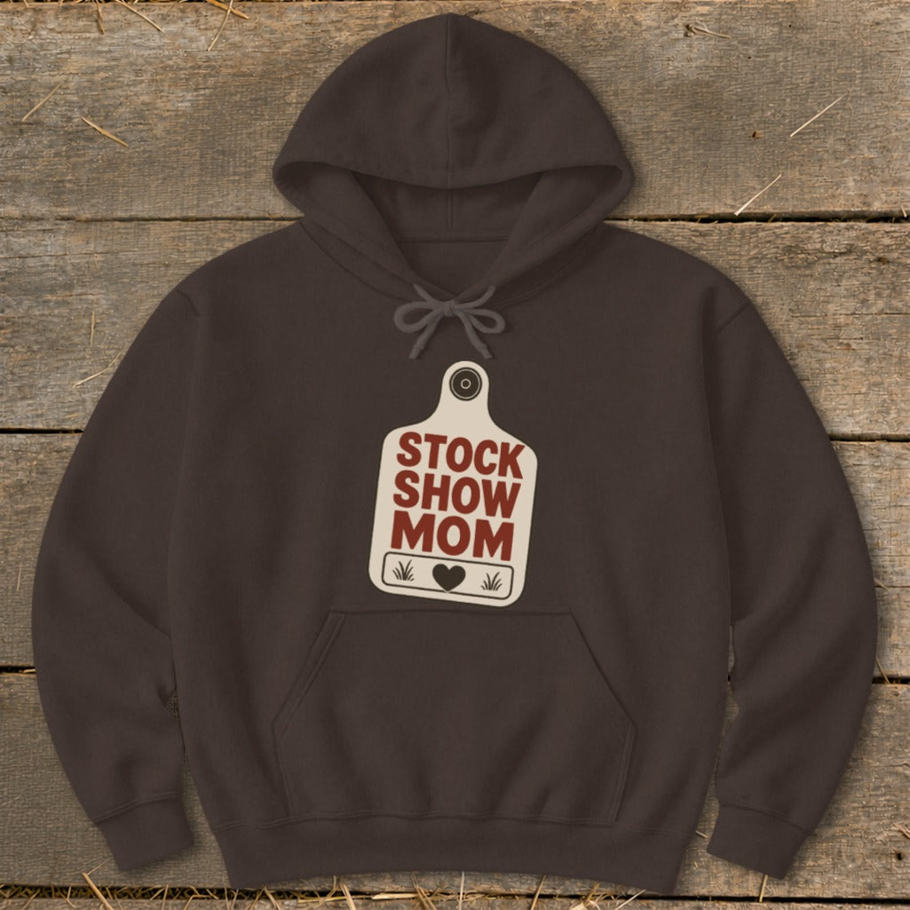Dark brown hoodie with "Stock Show Mom" text and heart graphic.
