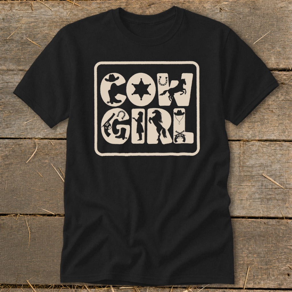 Black t-shirt with cream "COWGIRL" text and Western-themed silhouettes.