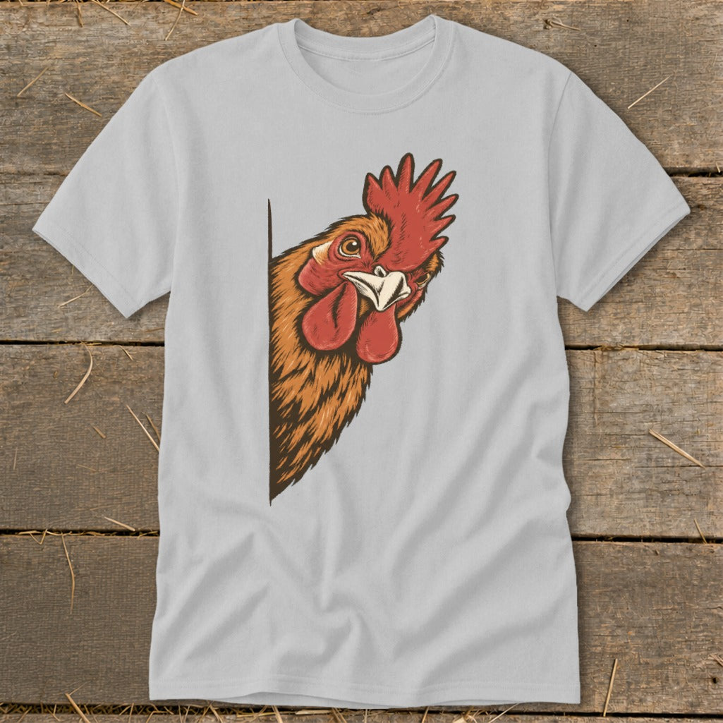 Light grey t-shirt with a rooster peeking from the left side.