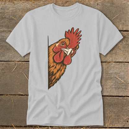 Light grey t-shirt with a rooster peeking from the left side.