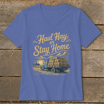 Blue t-shirt with graphic: "Haul Hay or Stay Home" over a truck loaded with hay bales.