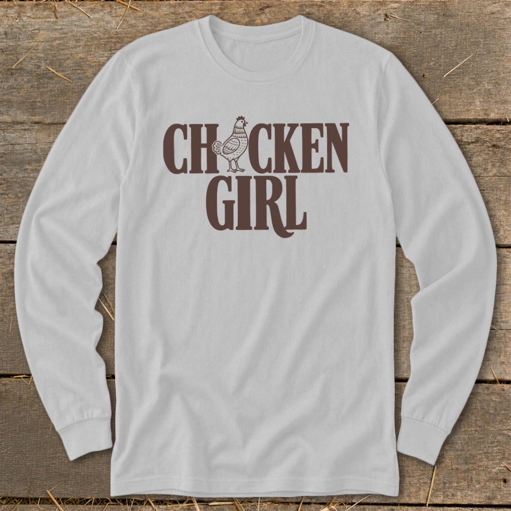 White long sleeve shirt with "CHICKEN GIRL" text and chicken graphic.