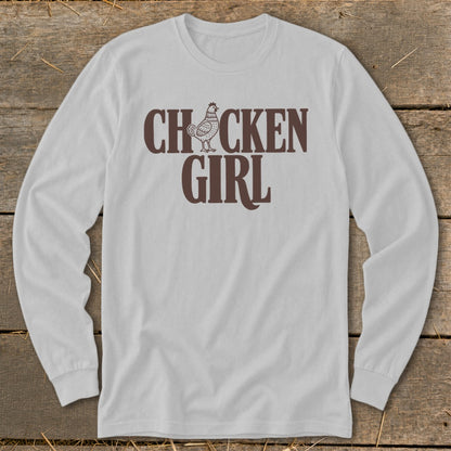 White long sleeve shirt with "CHICKEN GIRL" text and chicken graphic.