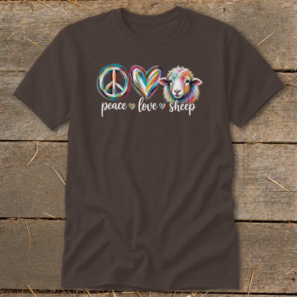 Brown t-shirt with peace, love, sheep graphics and a colorful sheep face.