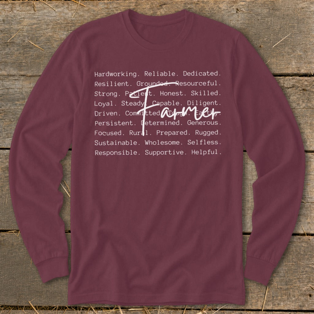 Maroon long-sleeve shirt with "Farmer" and descriptive words in white text.