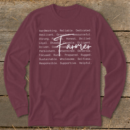 Maroon long-sleeve shirt with "Farmer" and descriptive words in white text.