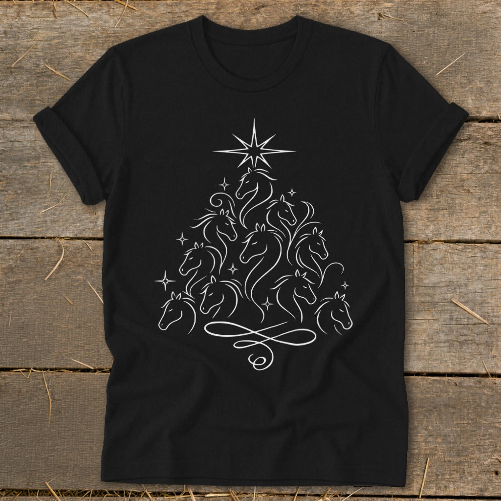 Black t-shirt with white line art of horses forming a Christmas tree shape.