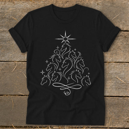 Black t-shirt with white line art of horses forming a Christmas tree shape.