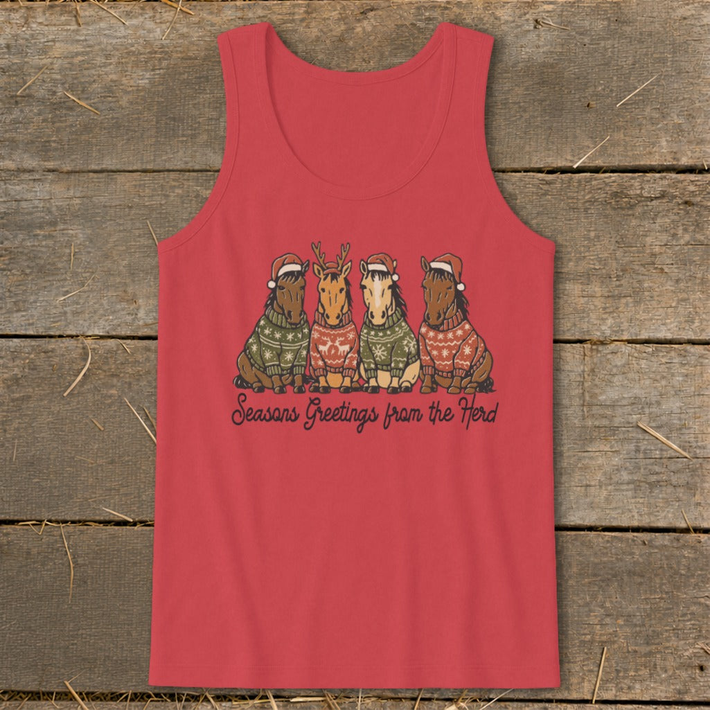 Red tank top with four horses wearing Santa hats and sweaters, reads "Seasons Greetings from the Herd".