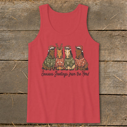 Red tank top with four horses wearing Santa hats and sweaters, reads "Seasons Greetings from the Herd".