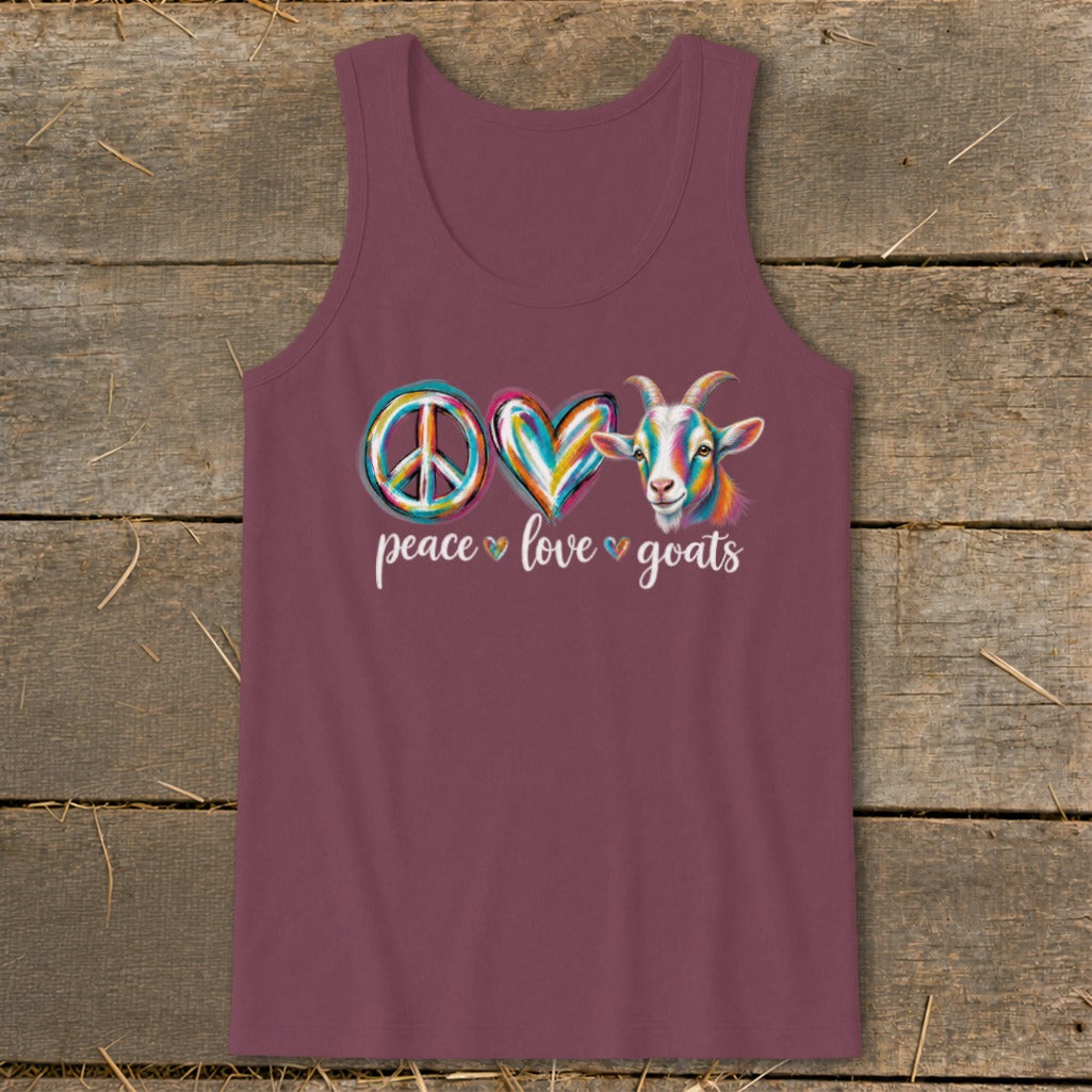 Maroon tank top with "peace love goats" graphic featuring colorful peace sign, heart, and goat.