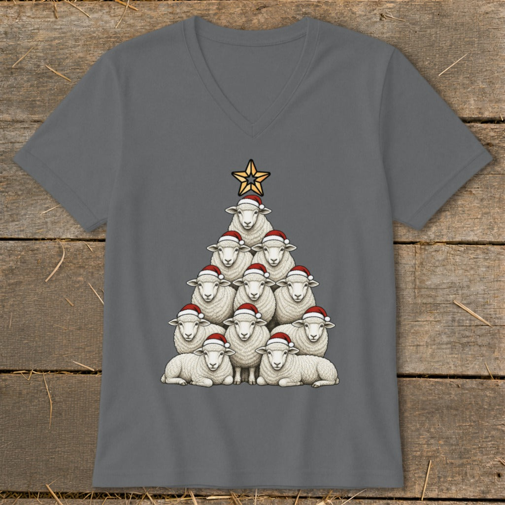 Christmas tree made of sheep wearing Santa hats, with a star on top.