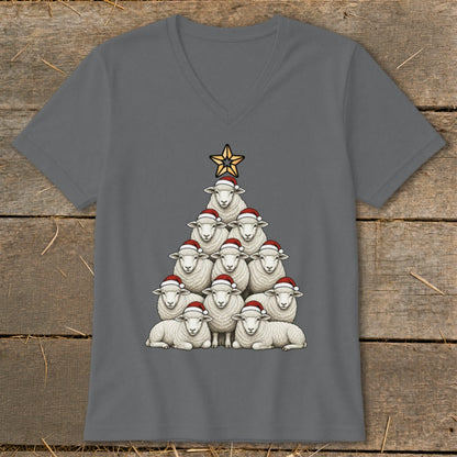 Christmas tree made of sheep wearing Santa hats, with a star on top.