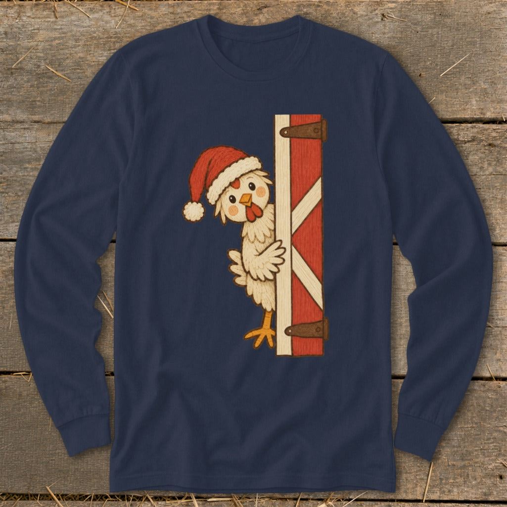 Cartoon chicken wearing a Santa hat peeks from behind a red barn door.