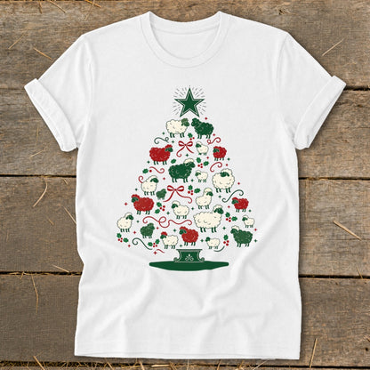 White t-shirt with a Christmas tree made of red and green sheep.