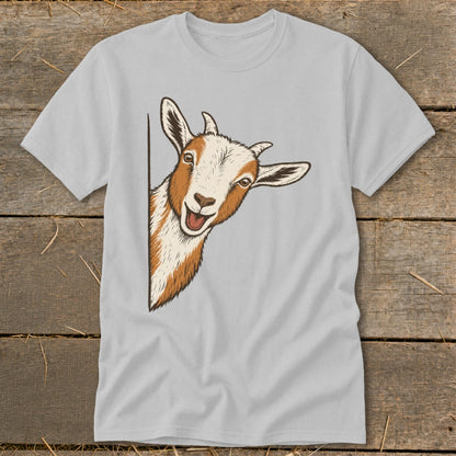 Illustration of a smiling goat peeking around a corner on a light gray t-shirt.
