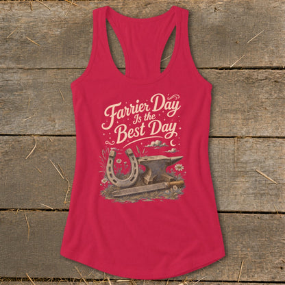 Red tank top with "Farrier Day Is the Best Day" text, horseshoe, anvil, and rasp.