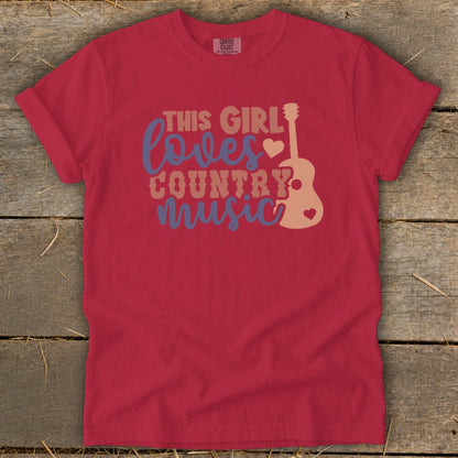 Red t-shirt with "This Girl Loves Country Music" text and guitar graphic.