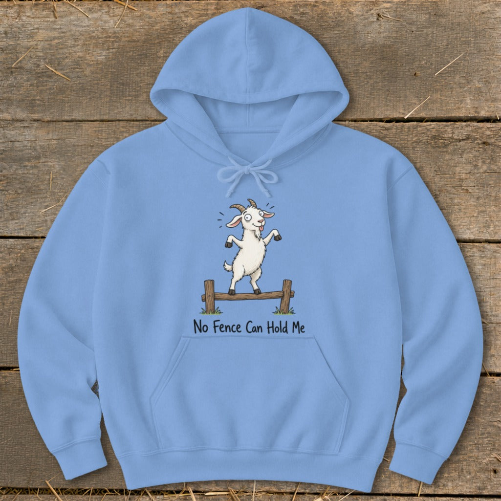 Light blue hoodie with a cartoon goat jumping over a fence with text "No Fence Can Hold Me".