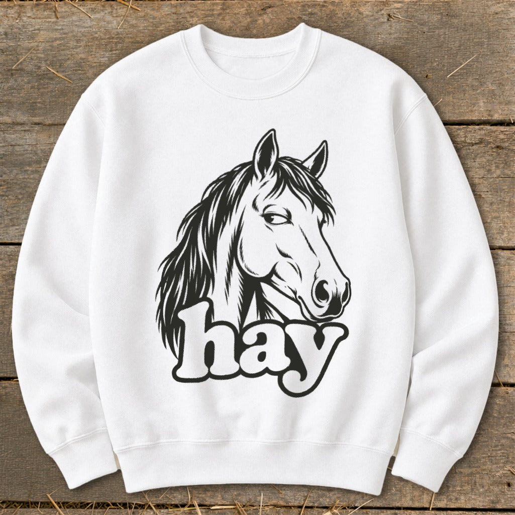 White sweatshirt with a black line drawing of a horse's head and the word "hay."
