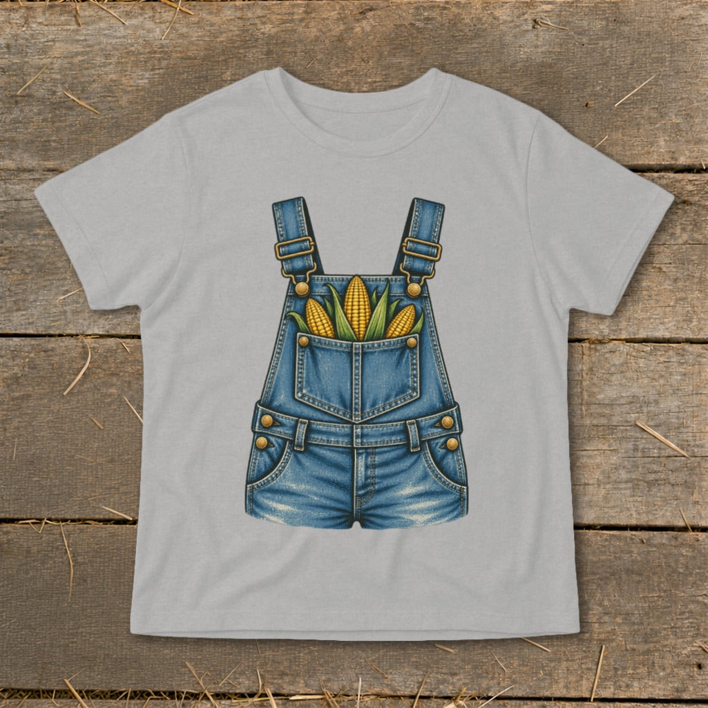 Gray t-shirt with denim overalls graphic featuring three ears of corn in the pocket.