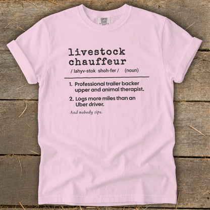 Pink t-shirt with "livestock chauffeur" definition and humorous descriptions.