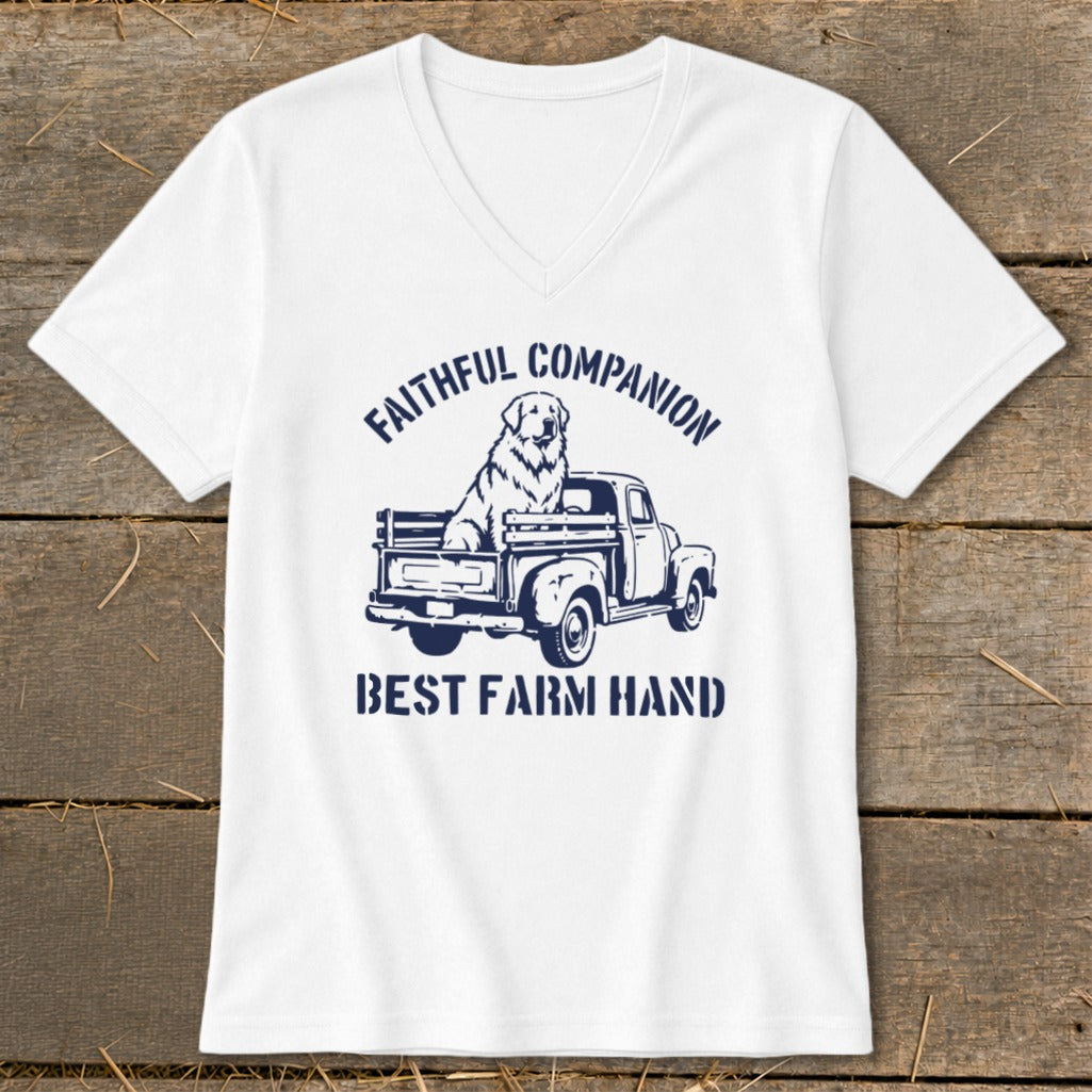 White v-neck t-shirt with a graphic of a dog in a pickup truck and text.