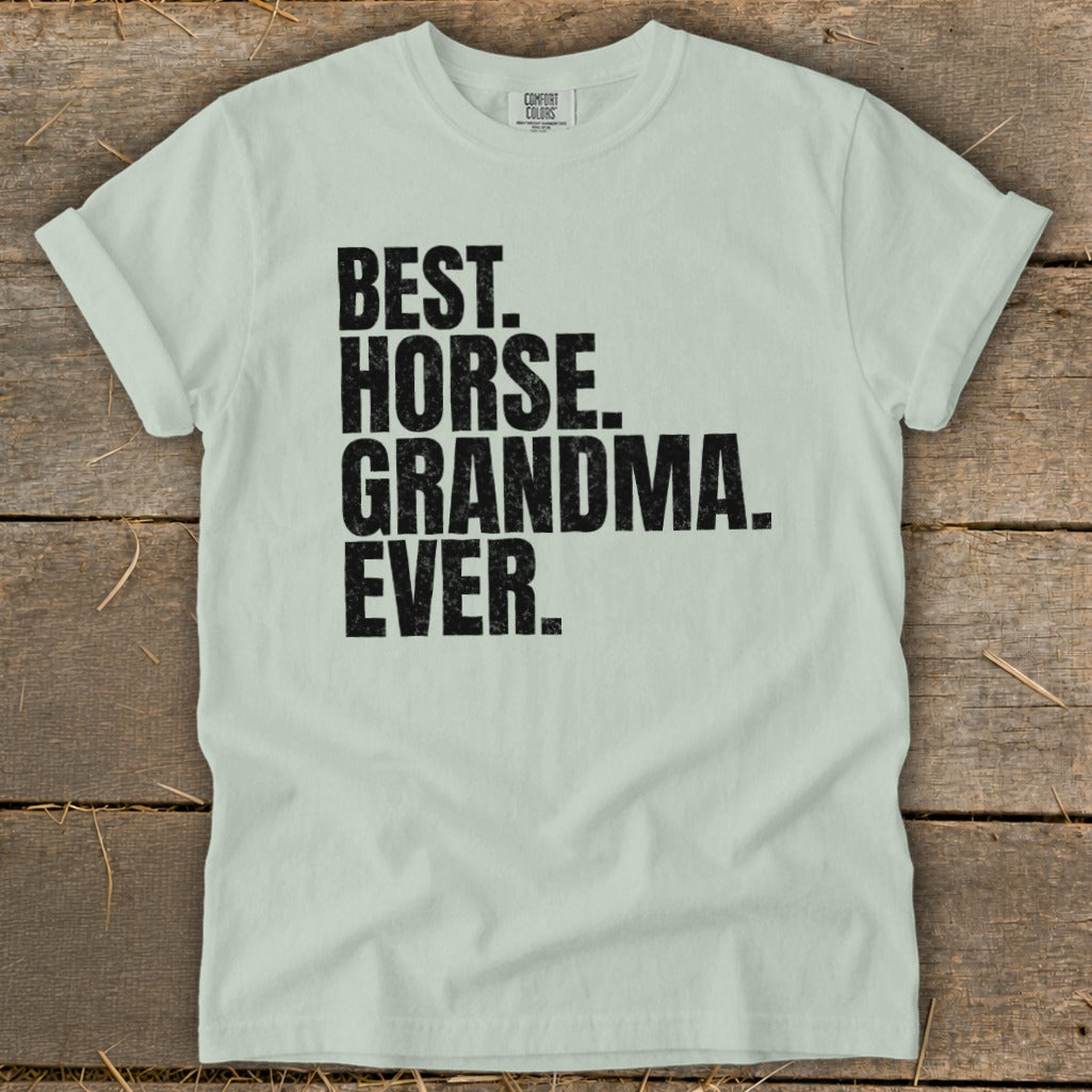 Light green t-shirt with black text reading "BEST. HORSE. GRANDMA. EVER."