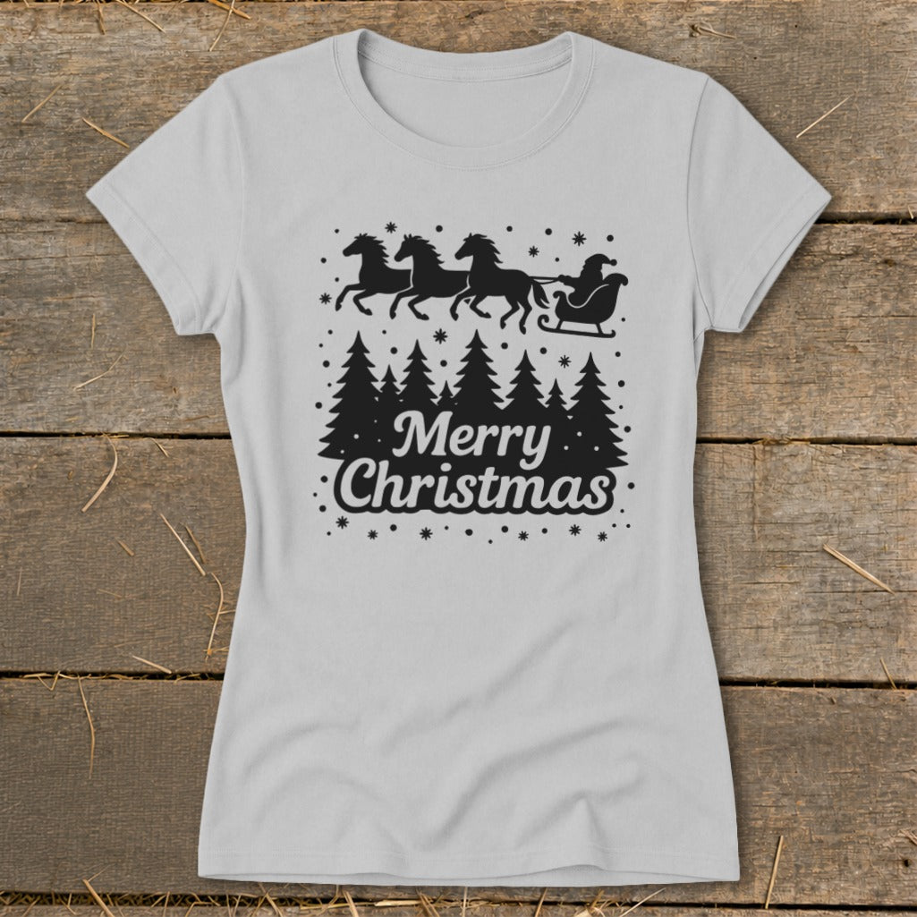 Light grey t-shirt with black Santa in a sleigh pulled by horses and "Merry Christmas" text.