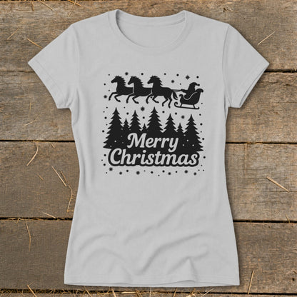 Light grey t-shirt with black Santa in a sleigh pulled by horses and "Merry Christmas" text.