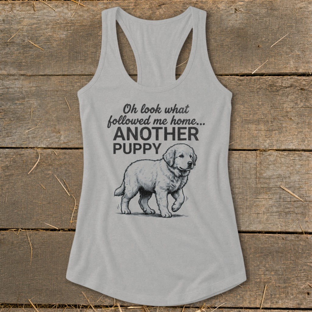 Gray tank top with "Another Puppy" text and sketch of a puppy.