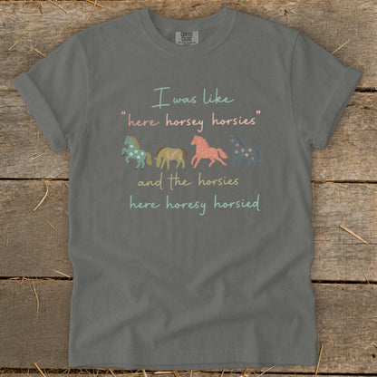 Grey t-shirt with text "I was like 'here horsey horsies' and the horsies here horesy horsied."