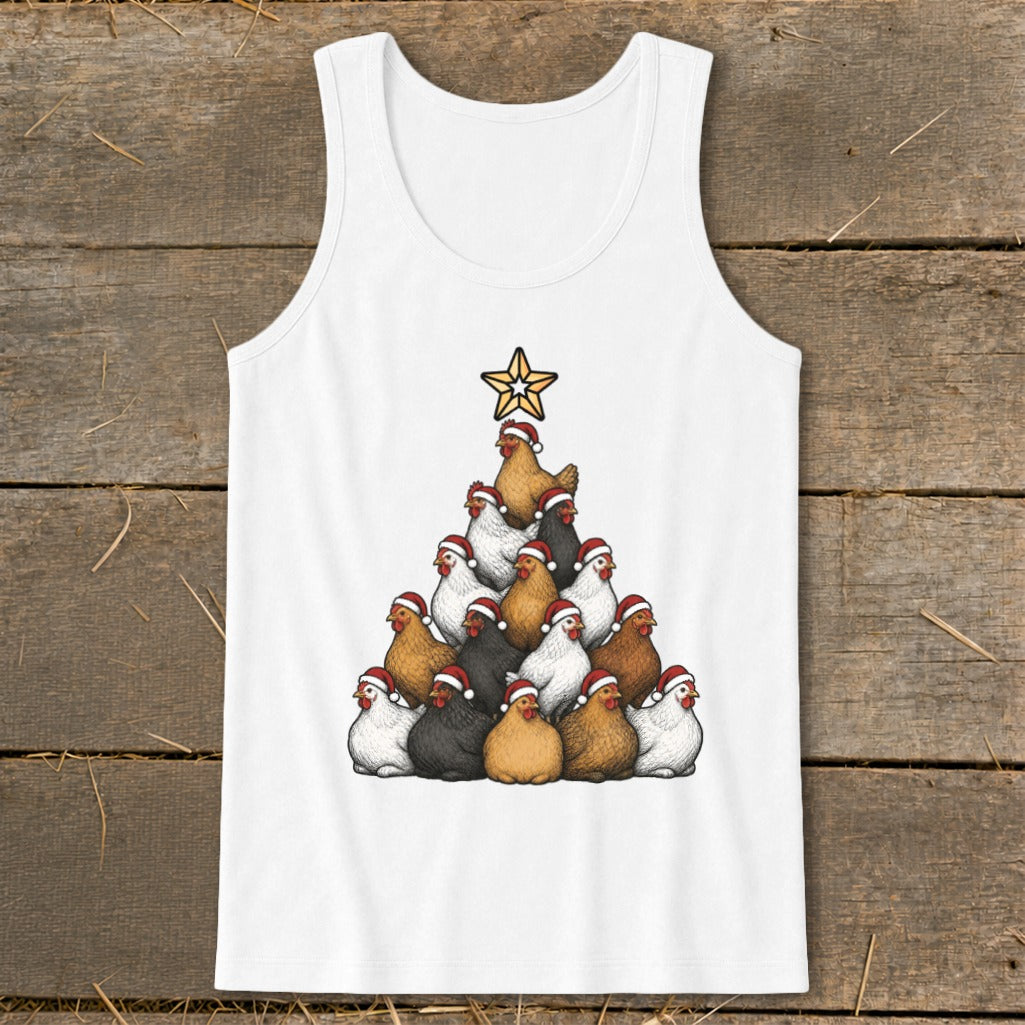 White tank top with a Christmas tree made of chickens wearing Santa hats.