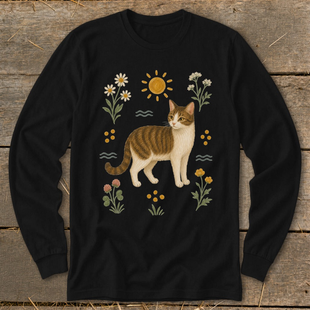 Black long-sleeve shirt with a tabby cat surrounded by flowers and a sun design.