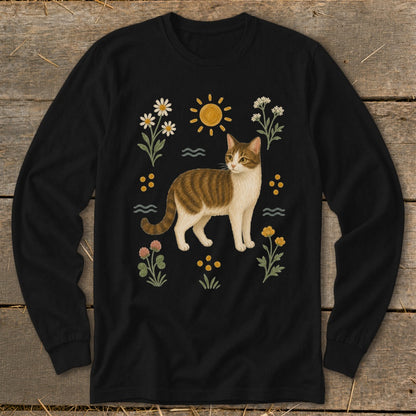 Black long-sleeve shirt with a tabby cat surrounded by flowers and a sun design.