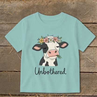 T-shirt with a cartoon cow wearing a flower crown and chewing grass, text "Unbothered".