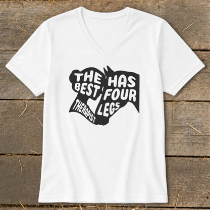 White v-neck t-shirt with black graphic text "The Best Therapist Has Four Legs".