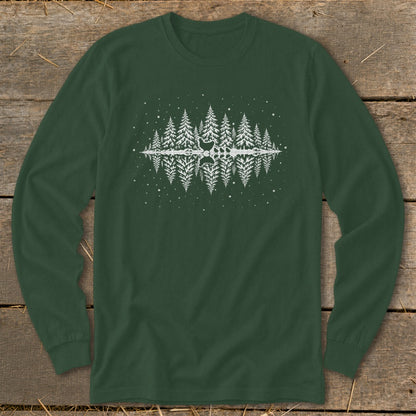 Dark green long-sleeve shirt with white mirrored forest and snowflake graphic.