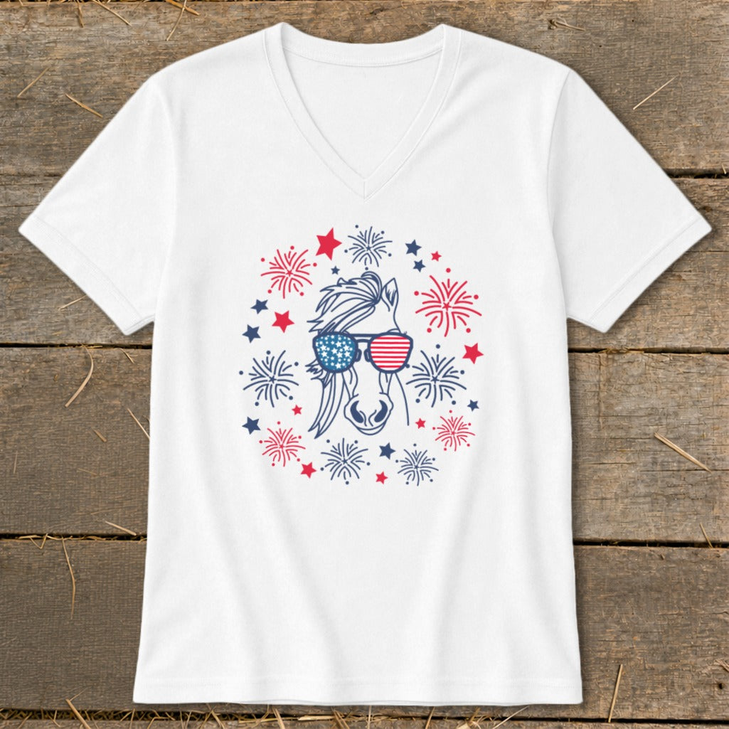 White t-shirt with a horse wearing American flag sunglasses and fireworks.