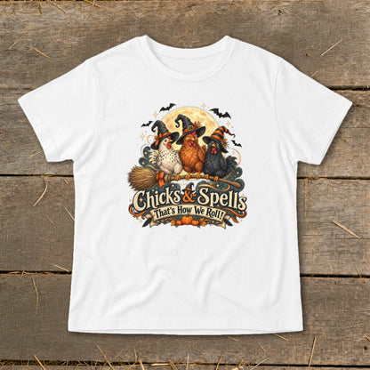 Three witch chickens on a broomstick with "Chicks & Spells" text.