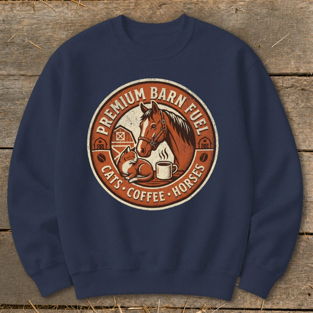 Circular graphic with horse, cat, coffee, and barns. Text reads "Premium Barn Fuel".