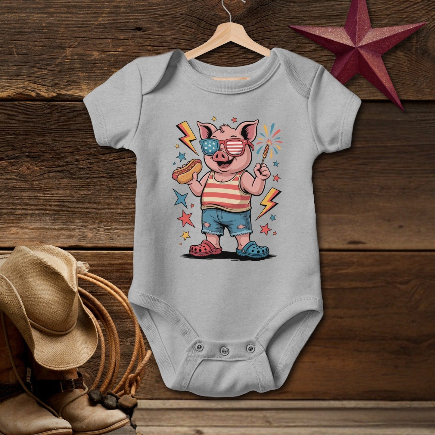 Baby Bodysuit Short Sleeve Heather / Newborn Festive 4th Pig T-shirt (Baby)