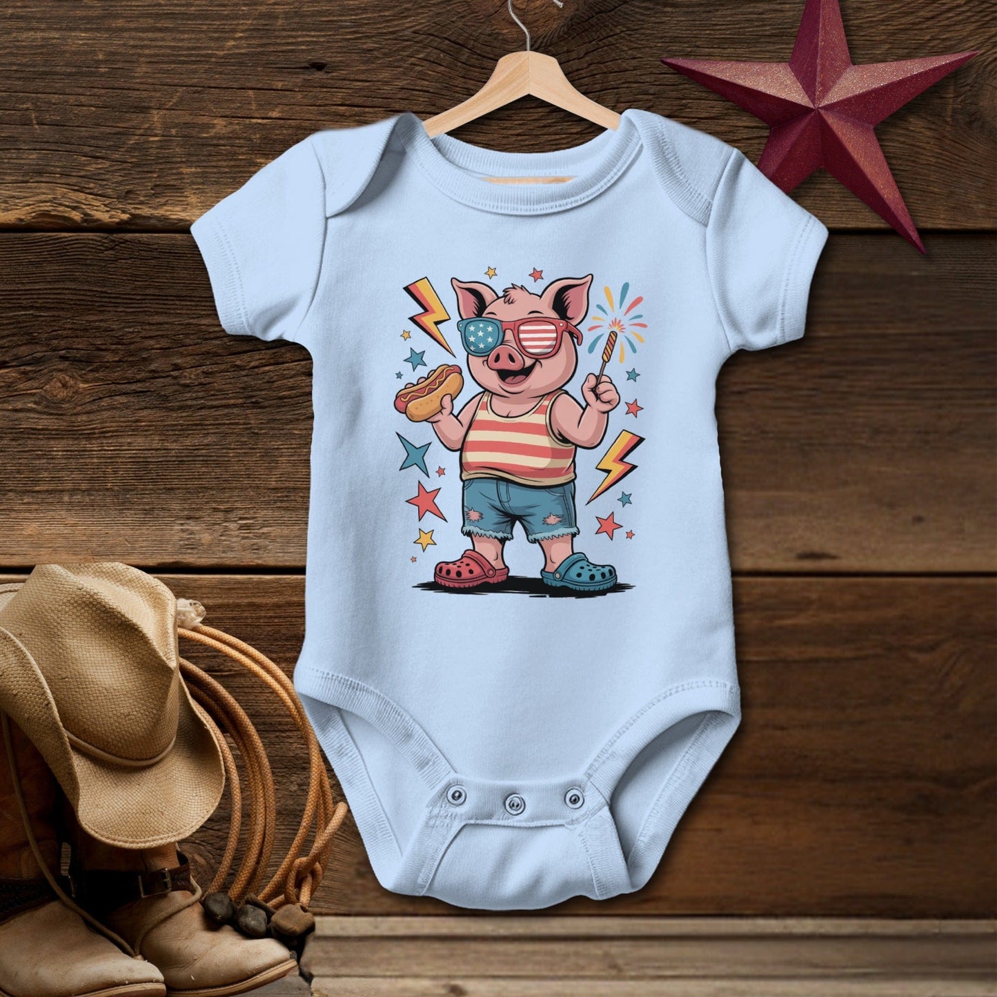 Baby Bodysuit Short Sleeve Light Blue / Newborn Festive 4th Pig T-shirt (Baby)