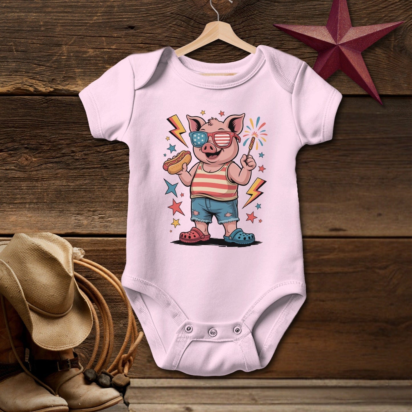 Baby Bodysuit Short Sleeve Pink / Newborn Festive 4th Pig T-shirt (Baby)
